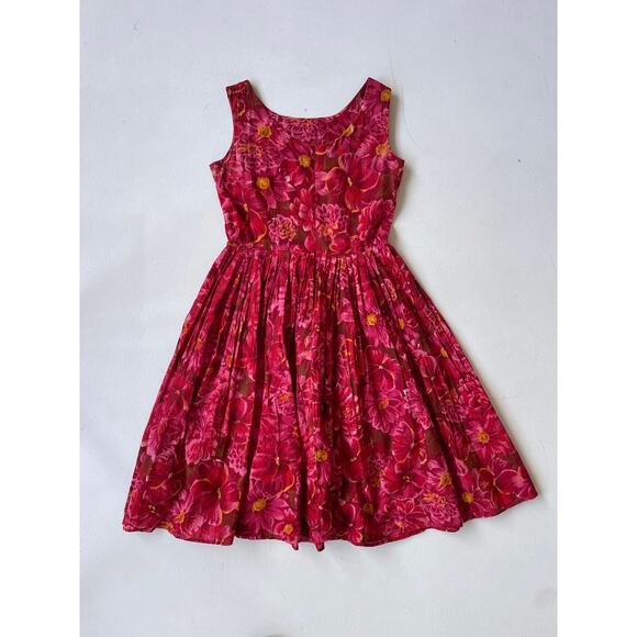 Vtg 90s Red Floral Sleeveless Pleated Cotton Dress Size 8 Retro 50's 60's Style - Picture 6 of 7